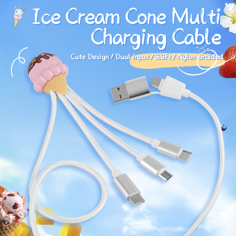 Ice Cream Cone Multi Charging Cable Nylon Braid 3.3ft 4 in 1 USB Type C Charging Cable