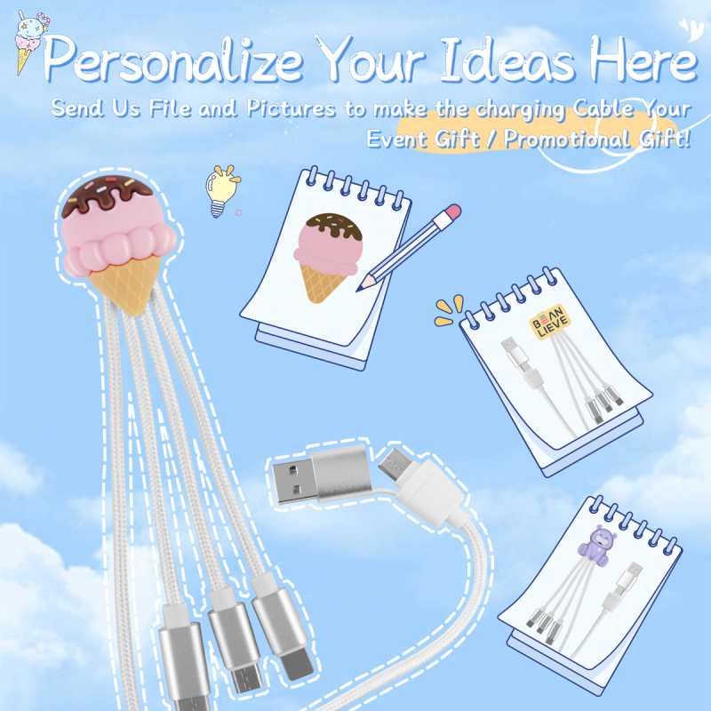 Ice Cream Cone Multi Charging Cable Nylon Braid 3.3ft 4 in 1 USB Type C Charging Cable