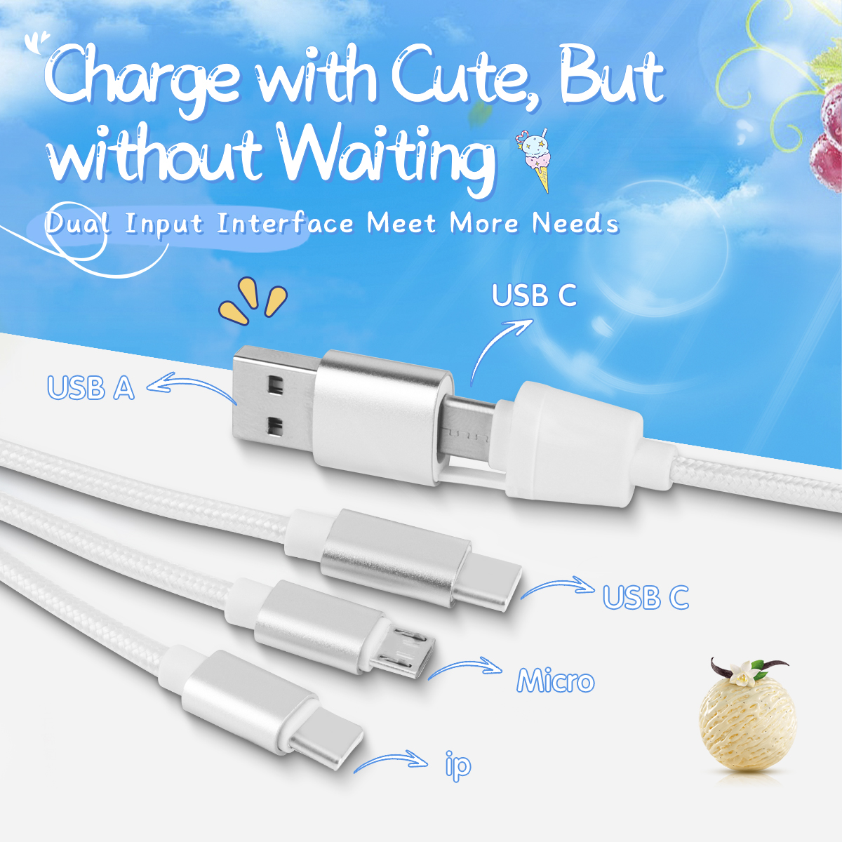 Ice Cream Cone Multi Charging Cable Nylon Braid 3.3ft 4 in 1 USB Type C Charging Cable
