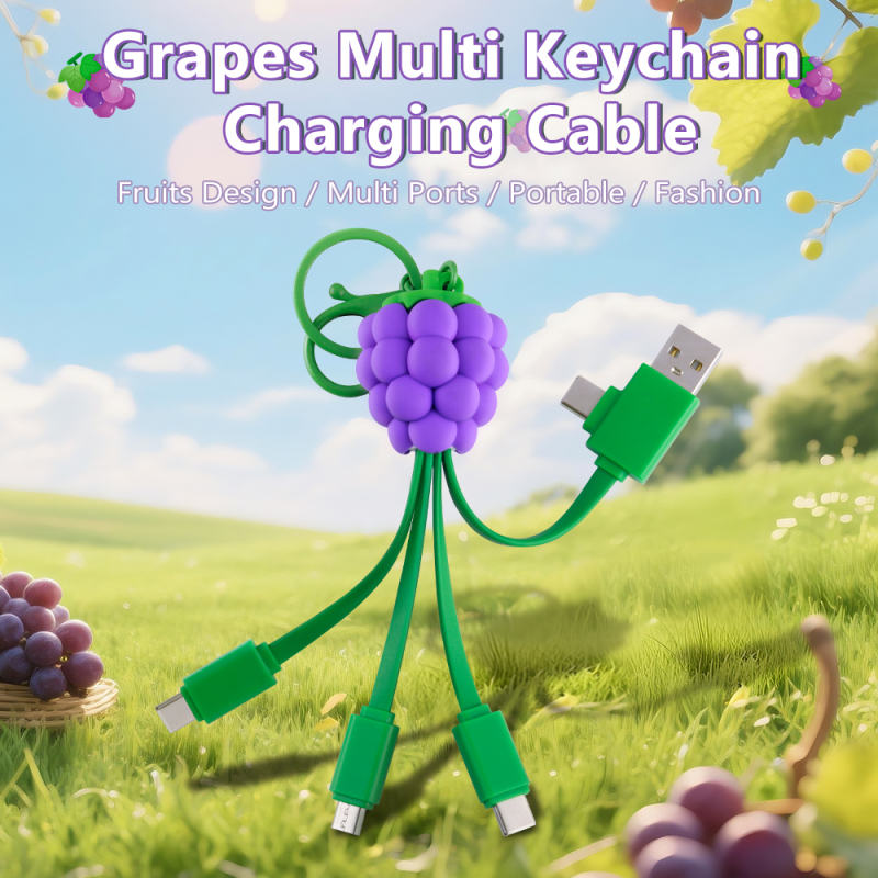 Cute Fruit Grape Design Multi 4in1 Charging Cable Universal Compatibility Girl Keychain USB Type C 4 in 1 Charging Cable