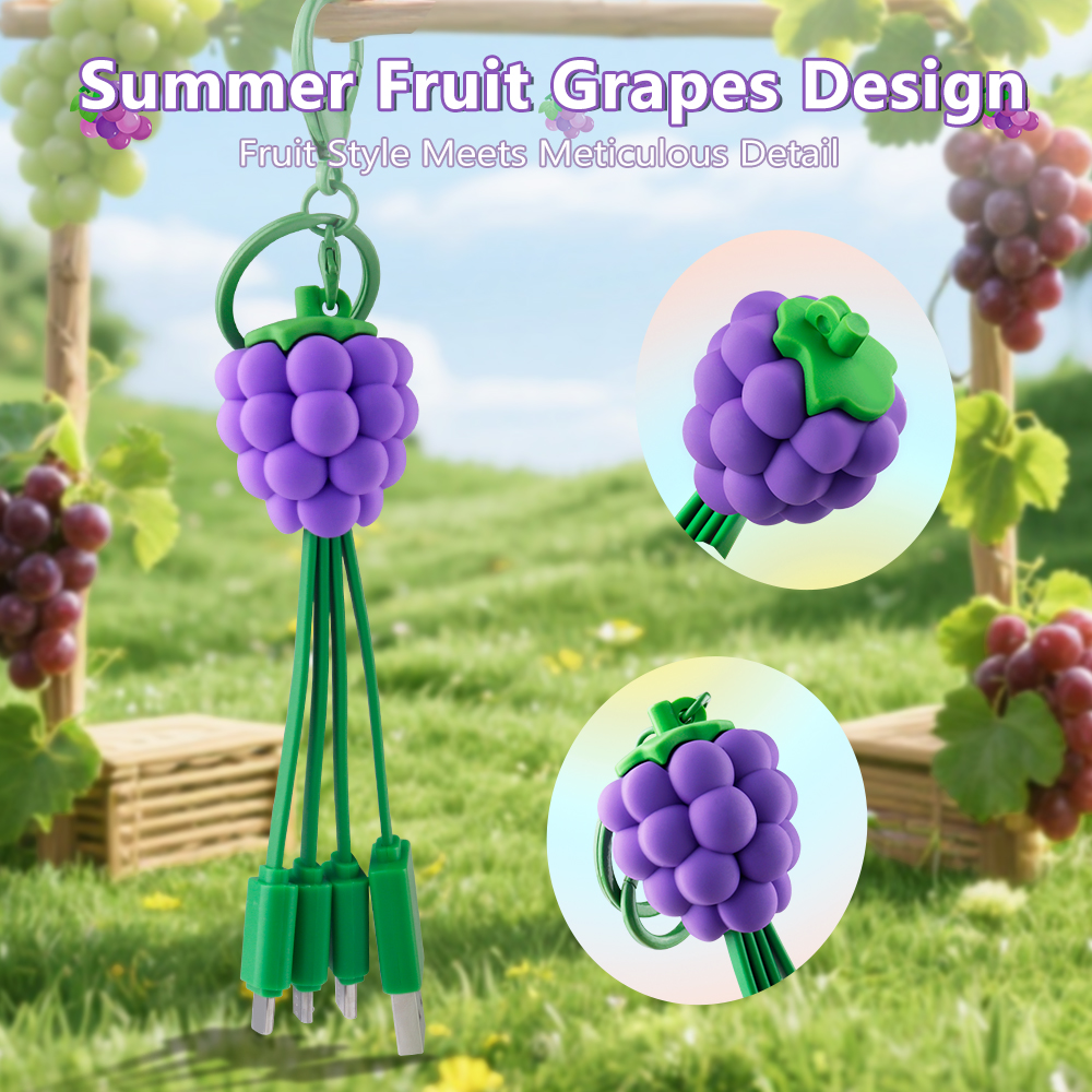 Cute Fruit Grape Design Multi 4in1 Charging Cable Universal Compatibility Girl Keychain USB Type C 4 in 1 Charging Cable
