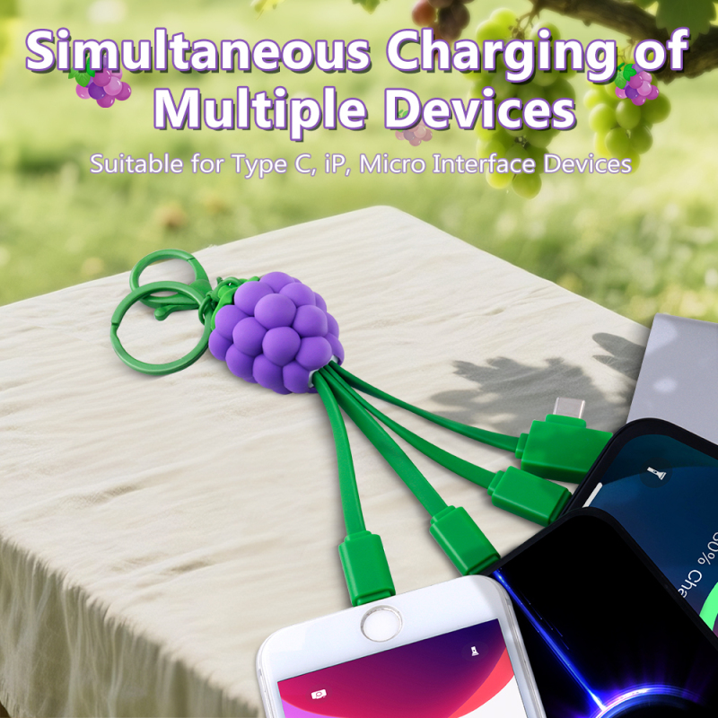 Cute Fruit Grape Design Multi 4in1 Charging Cable Universal Compatibility Girl Keychain USB Type C 4 in 1 Charging Cable