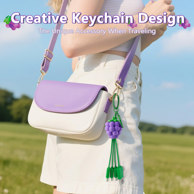 Cute Fruit Grape Design Multi 4in1 Charging Cable Universal Compatibility Girl Keychain USB Type C 4 in 1 Charging Cable