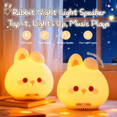 Custom LOGO Cute Animal RGB Tap Rabbit Night Light Bluetooth Speaker White Noise Bedside Silicone Touch Lamp Remote Control Room Kids Rabbit Wireless Bluetooth Speaker Night Light