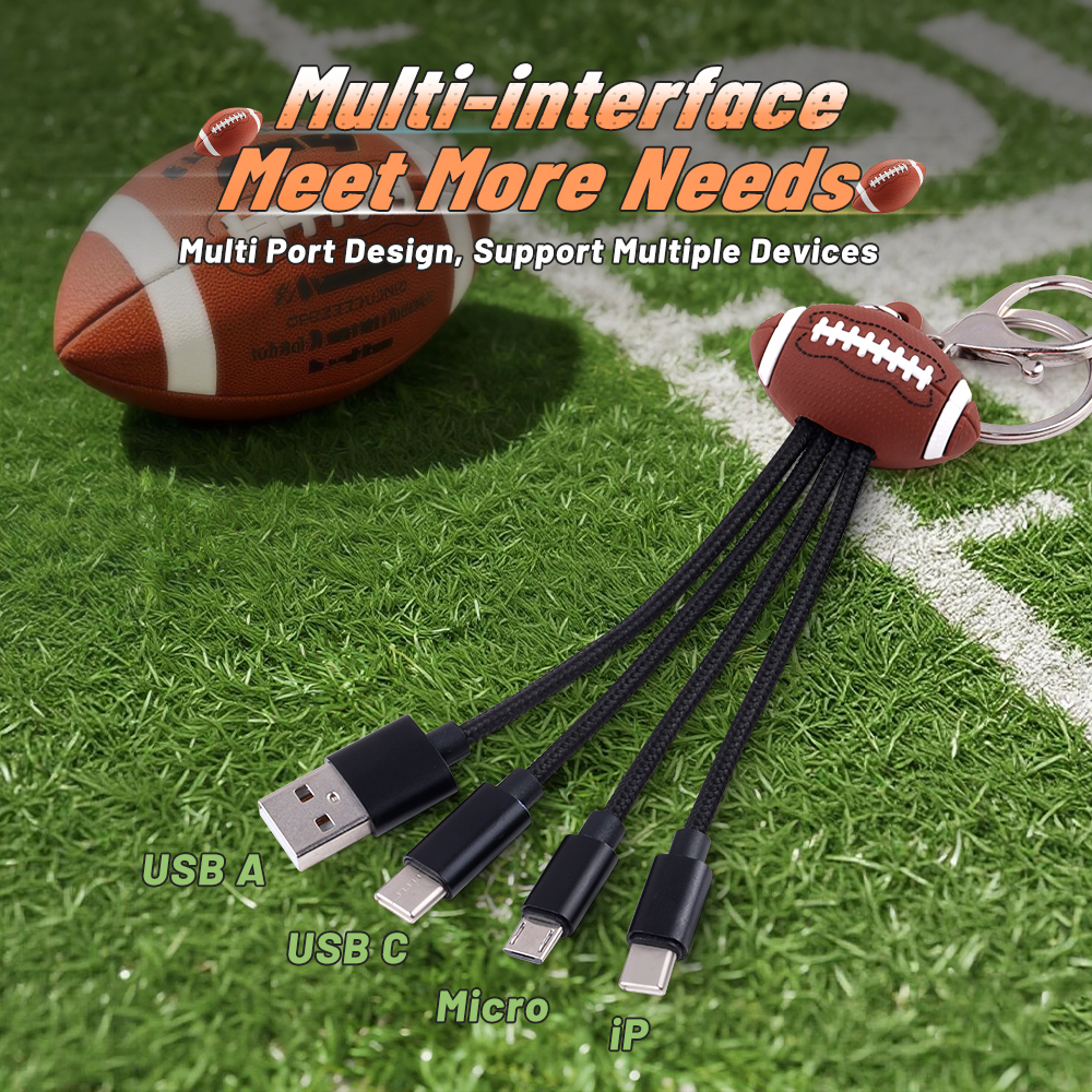 Customized LOGO World Cup America Footbal Multi Port Charging Cable Universal USB Type-C USA Football Keychain Charging Cable
