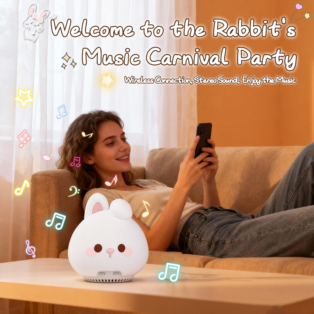 Custom LOGO Cute Animal RGB Tap Rabbit Night Light Bluetooth Speaker White Noise Bedside Silicone Touch Lamp Remote Control Room Kids Rabbit Wireless Bluetooth Speaker Night Light