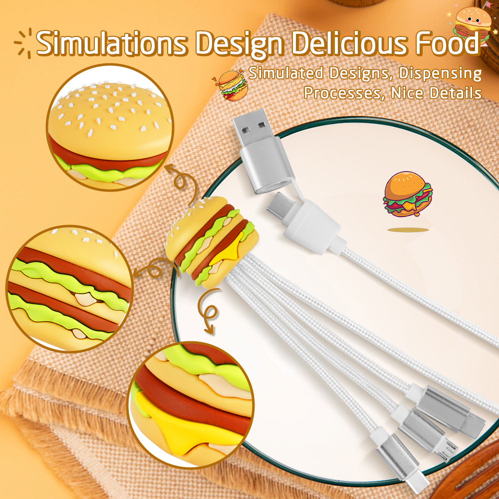 Funny Adorable Food Pizza Shaped 4 in 1 Multi Charging Cable Custom Logo Cartoon Design 1.2m Double Input Pizza Charging Cable