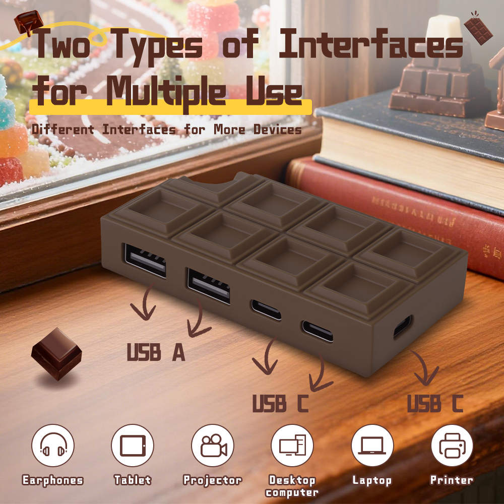 Tiktok Temu Hot Sale Chocolate USB HUB Desktop Ornament Multi Function type C 4 Port USB HUB