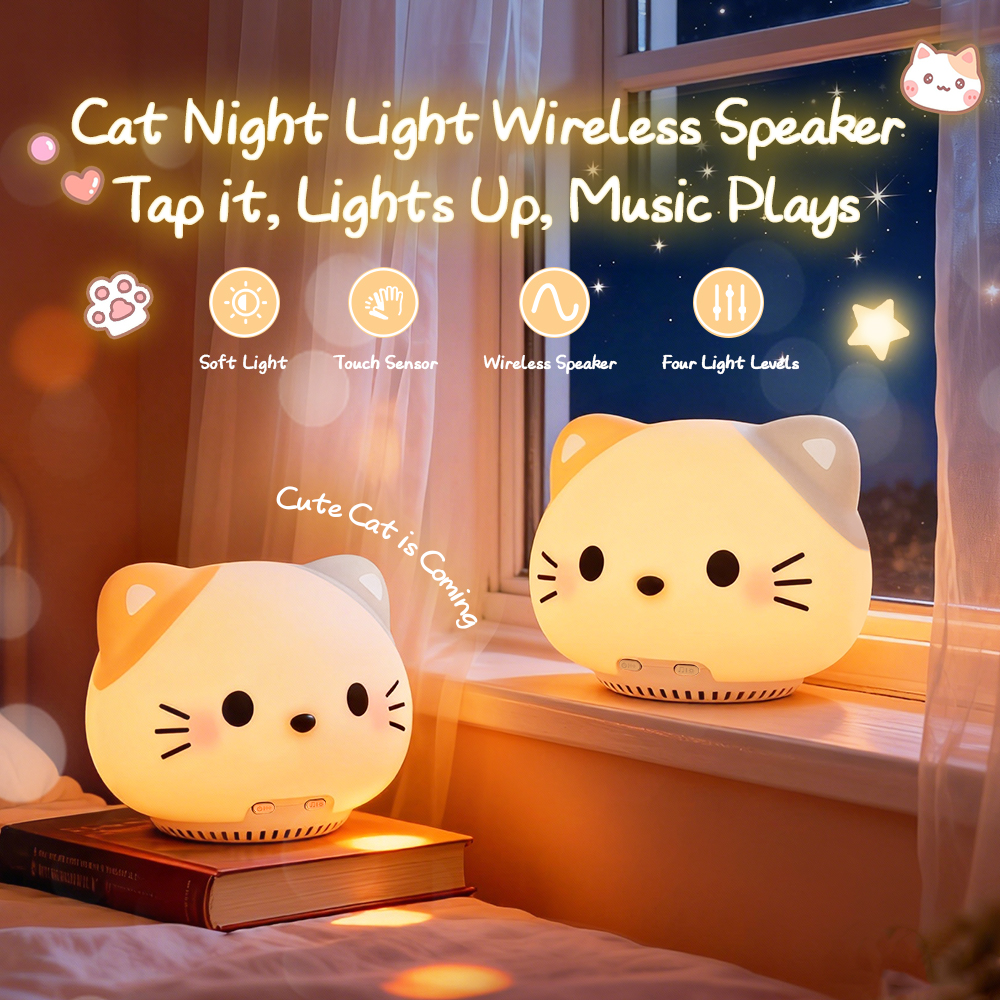Animal Cartoon Cute Cat Bluetooth Speaker Night Light for Kids Boys 1200mAh Large Battery White Noise Cat Bluetooth Speaker Night Light