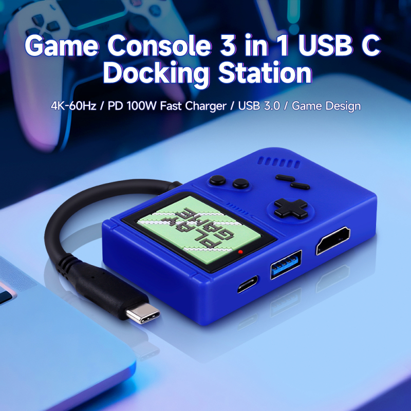 Game Design USB C Hub 3 in 1 Docking Station HDMI 4K60Hz Display USB-A 3.0 5Gbps Data Transfer Ports 3 in 1 Docking Station