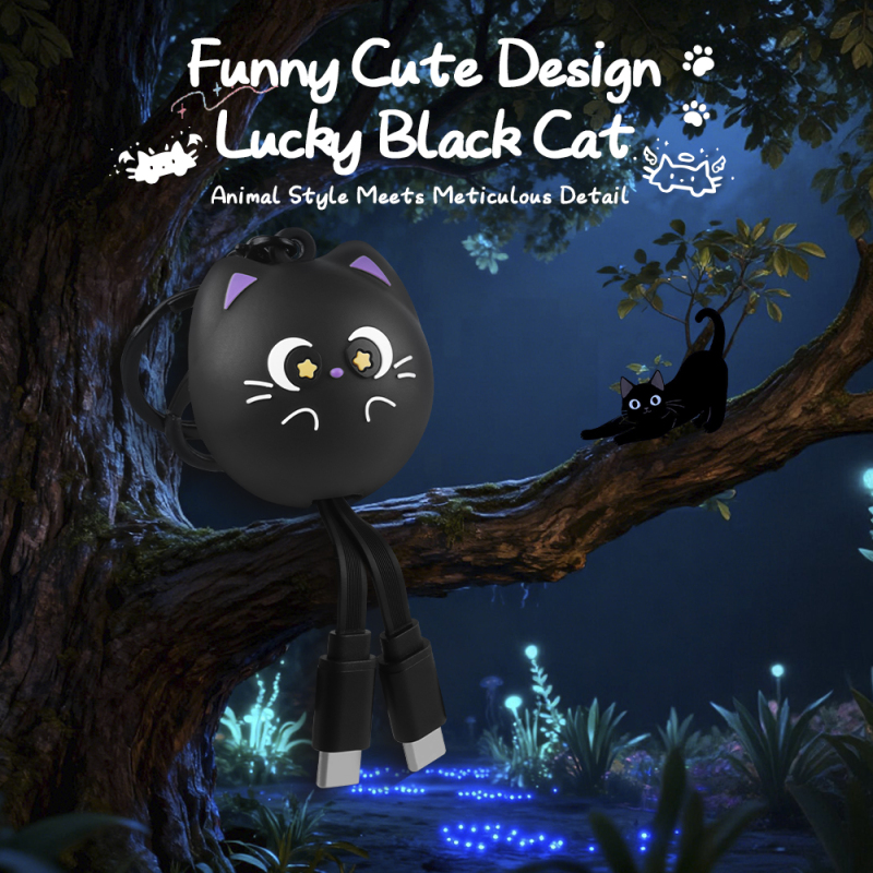 Lucky Black Cat Design Retractable Data Cable Cute Cartoon Type C to Type C Keychain Animal 60W Type C Fast Charging USB Cable