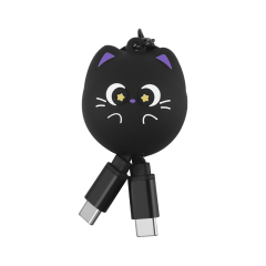 Lucky Black Cat Design Retractable Data Cable Cute Cartoon Type C to Type C Keychain Animal 60W Type C Fast Charging USB Cable