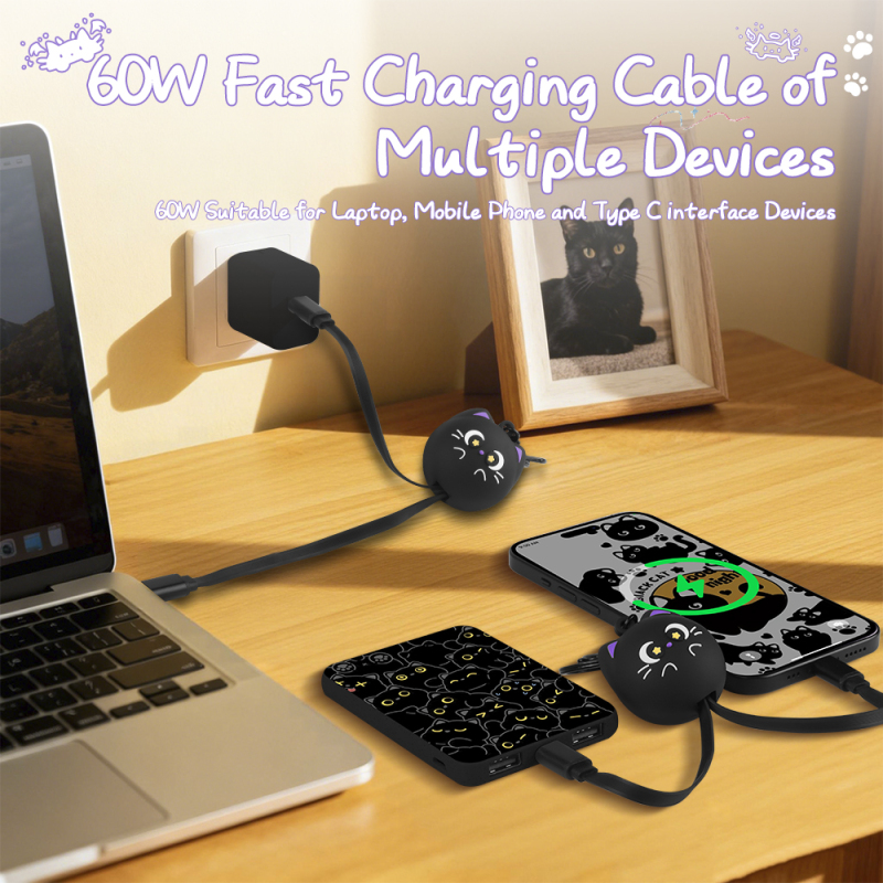 Lucky Black Cat Design Retractable Data Cable Cute Cartoon Type C to Type C Keychain Animal 60W Type C Fast Charging USB Cable
