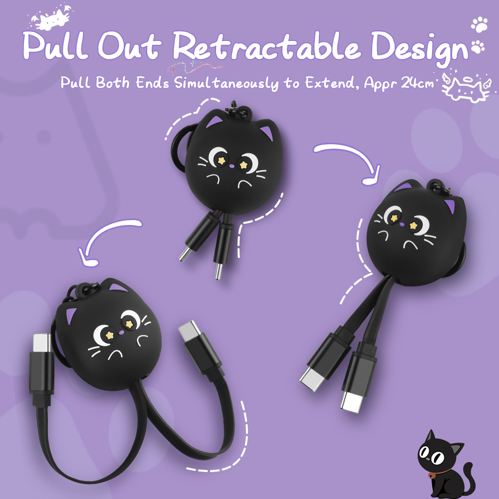 Lucky Black Cat Design Retractable Data Cable Cute Cartoon Type C to Type C Keychain Animal 60W Type C Fast Charging USB Cable