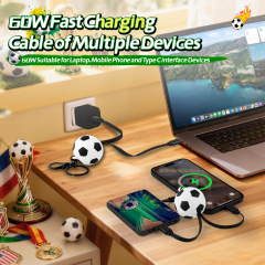 2026 FIFA World Cup Gift Sport Football Retractable 60W Fast Charging Cable Type C to Type C Keychain Soccer 60W USB Type C Data Cable
