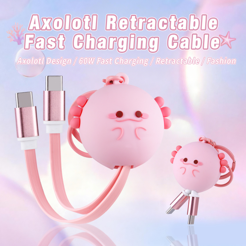 Unique Pink Axolotl 60W Retractable Data Cable USB-C to USB-C Universal Cartoon 3D PVC Axolotl Type-C USB Fast Charging Cable
