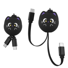 Lucky Black Cat Design Retractable Data Cable Cute Cartoon Type C to Type C Keychain Animal 60W Type C Fast Charging USB Cable