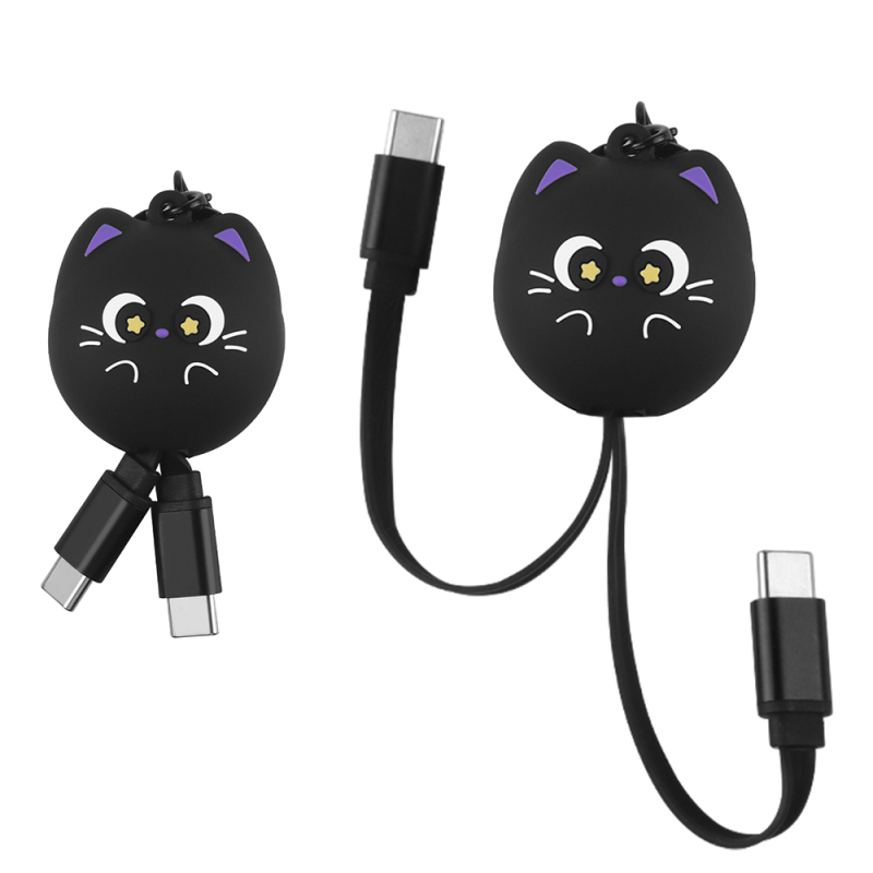 Lucky Black Cat Design Retractable Data Cable Cute Cartoon Type C to Type C Keychain Animal 60W Type C Fast Charging USB Cable