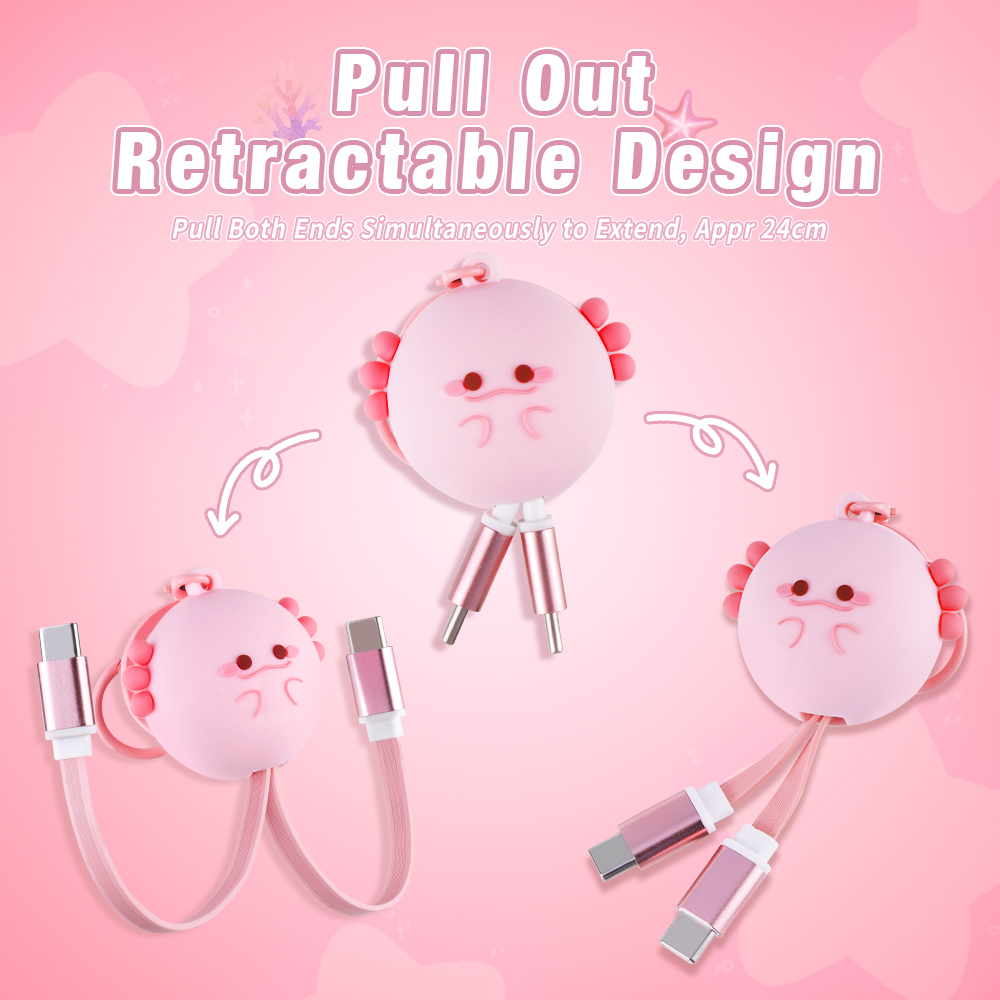 Unique Pink Axolotl 60W Retractable Data Cable USB-C to USB-C Universal Cartoon 3D PVC Axolotl Type-C USB Fast Charging Cable