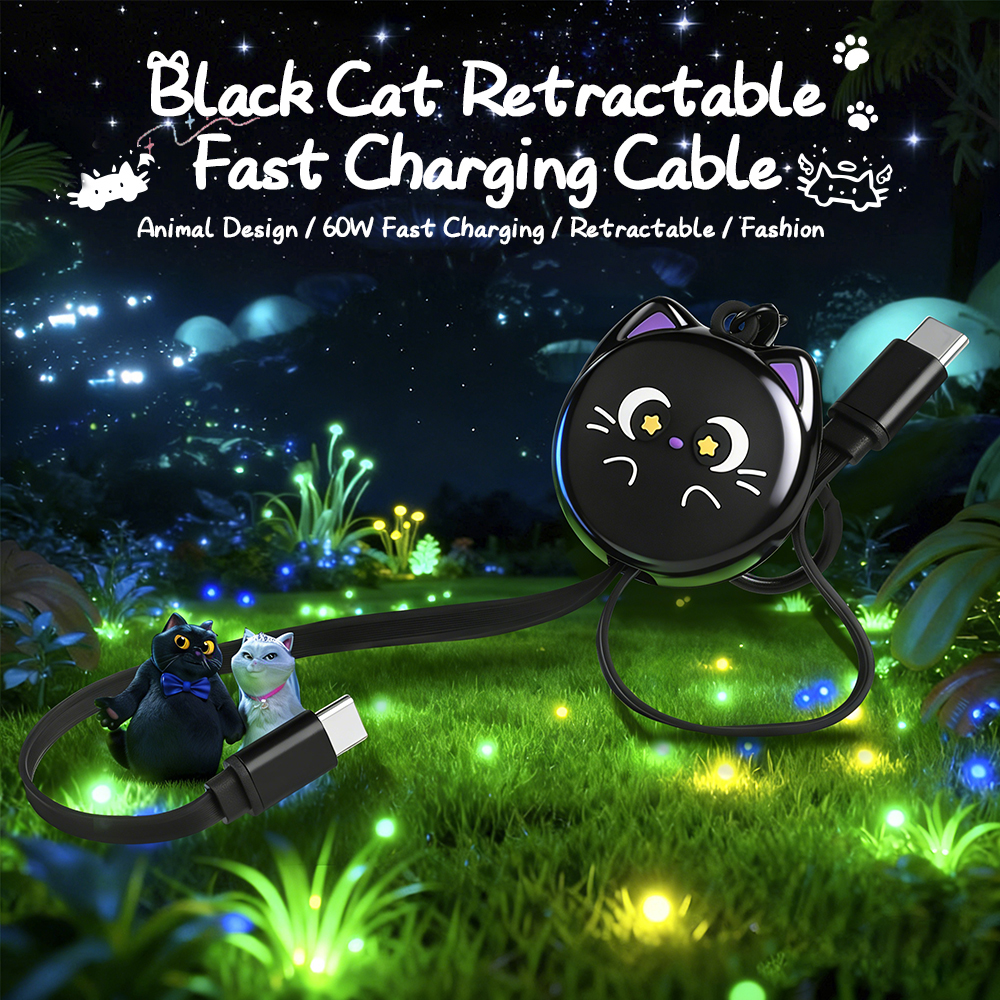 Lucky Black Cat Design Retractable Data Cable Cute Cartoon Type C to Type C Keychain Animal 60W Type C Fast Charging USB Cable
