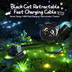 Lucky Black Cat Design Retractable Data Cable Cute Cartoon Type C to Type C Keychain Animal 60W Type C Fast Charging USB Cable