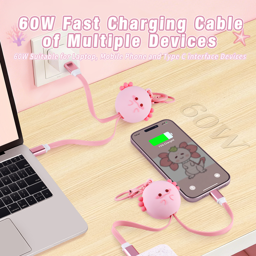 Unique Pink Axolotl 60W Retractable Data Cable USB-C to USB-C Universal Cartoon 3D PVC Axolotl Type-C USB Fast Charging Cable