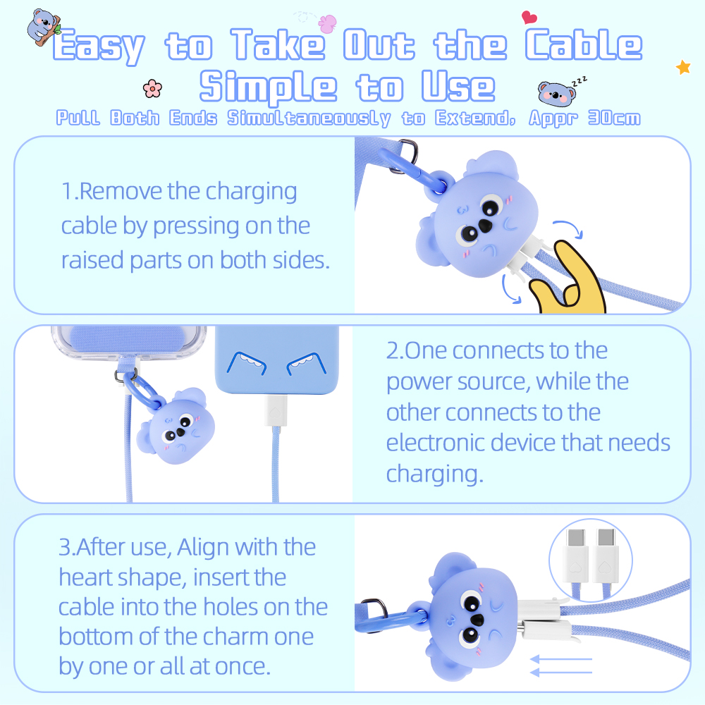 Australia Koala Phone Wrist Strap Lanyard 60W Fast Charging Cable Anti-Drop Anti-theft Phone Strap Portable USB 60W Data Cable for Travel