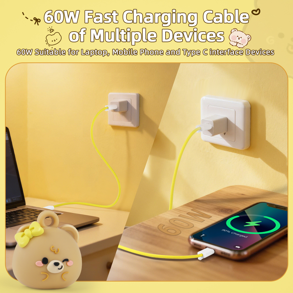 Beanlieve Cute Bear Hand Wrist Strap Lanyard 60W Fast Charging Cable Nylon Braid Anti Theft USB Type C Phone Strap Charging Cable for Travel