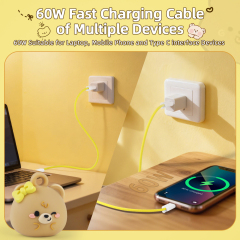 Beanlieve Cute Bear Hand Wrist Strap Lanyard 60W Fast Charging Cable Nylon Braid Anti Theft USB Type C Phone Strap Charging Cable for Travel