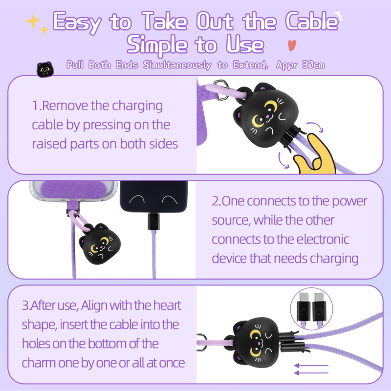 Black Cat Phone Wrist Strap Lanyard 60W Fast Charging Cable High Speed Data Transfer Cord 60W Fast Charging Cable for iPhone 18 17 Pro Max