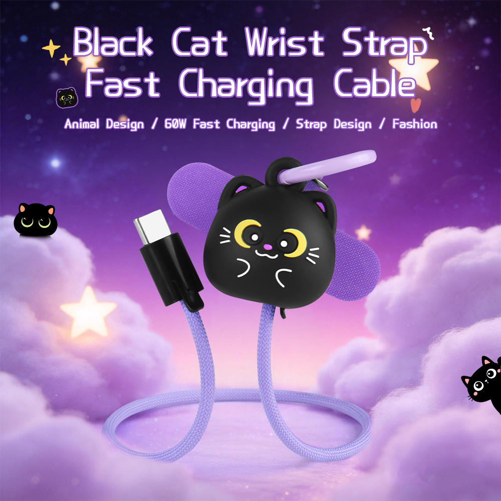 Black Cat Phone Wrist Strap Lanyard 60W Fast Charging Cable High Speed Data Transfer Cord 60W Fast Charging Cable for iPhone 18 17 Pro Max