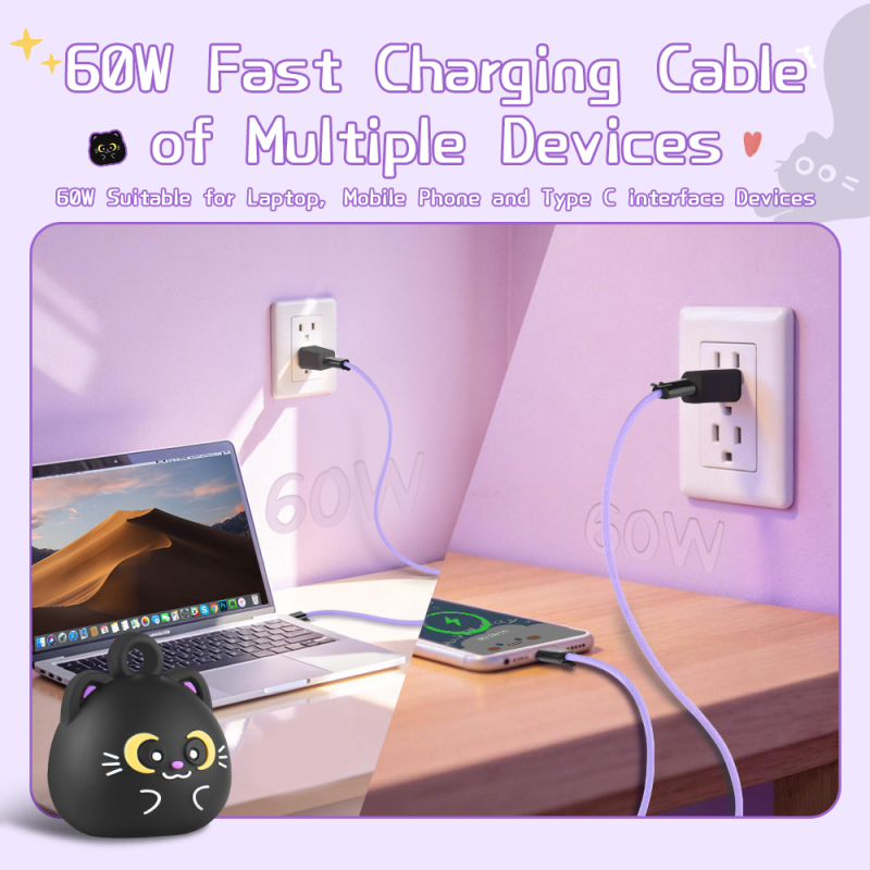 Black Cat Phone Wrist Strap Lanyard 60W Fast Charging Cable High Speed Data Transfer Cord 60W Fast Charging Cable for iPhone 18 17 Pro Max