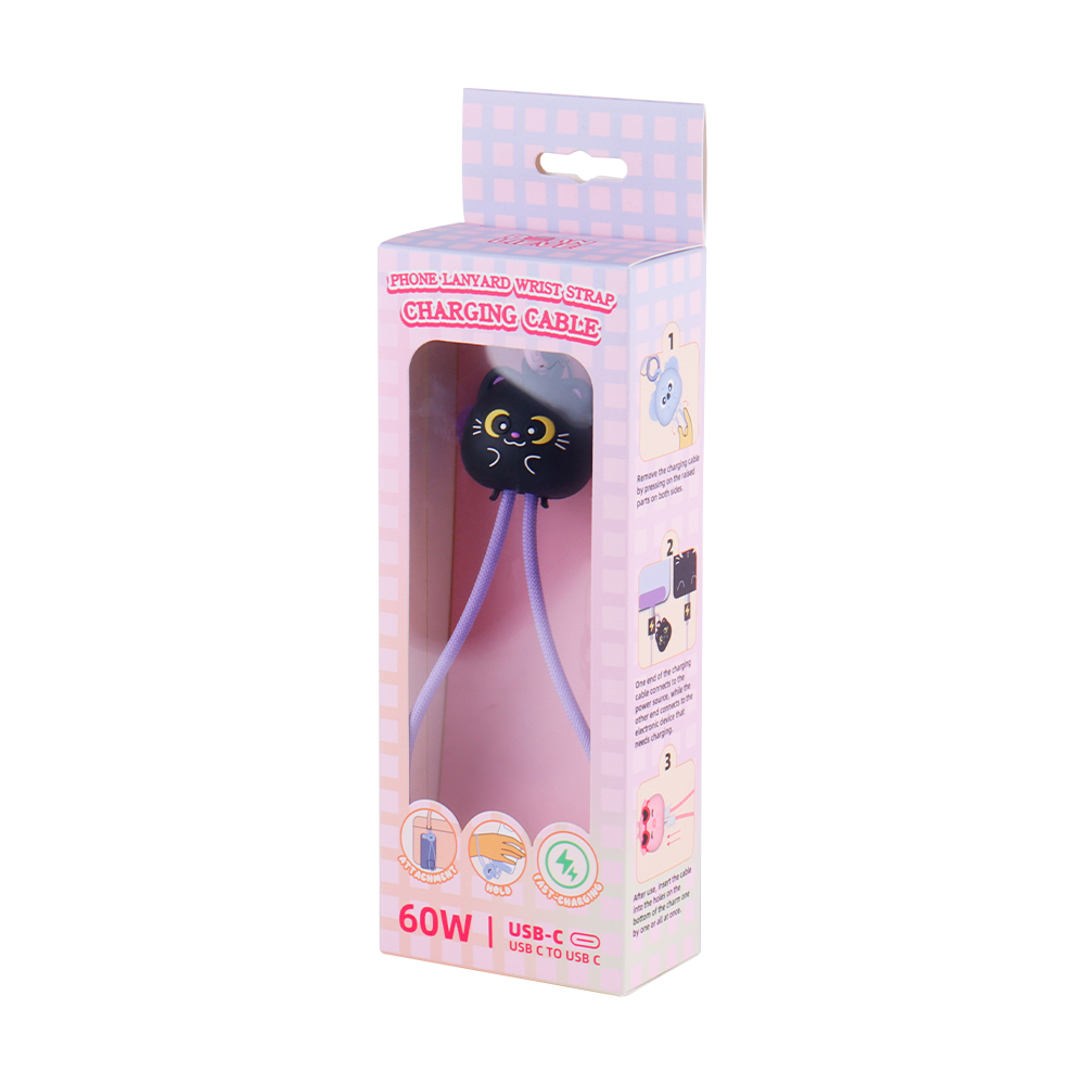 Black Cat Phone Wrist Strap Lanyard 60W Fast Charging Cable High Speed Data Transfer Cord 60W Fast Charging Cable for iPhone 18 17 Pro Max