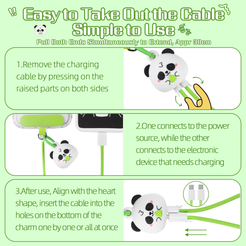 Creative Electronic Accessory 60W Wrist Strap Cable Panda Themed Fast Charging Cord Portable Fashionable Phone Cable for School