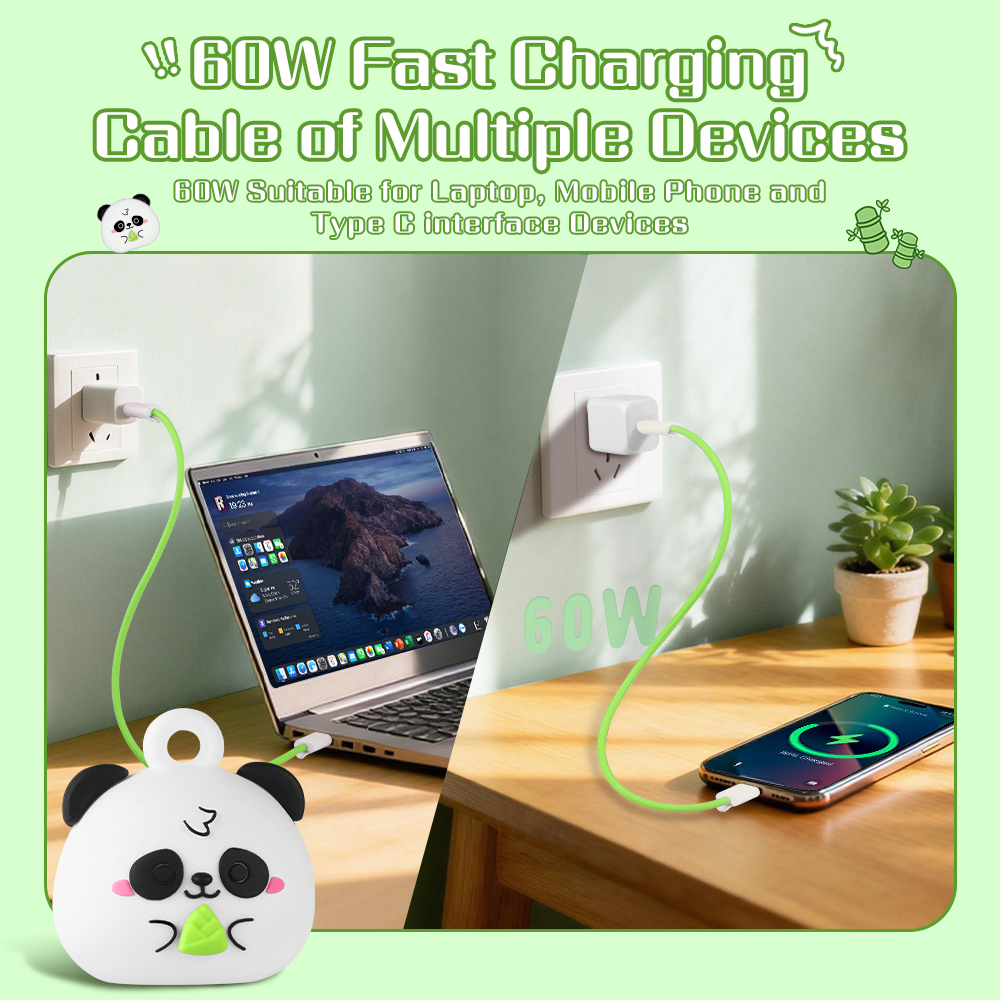 Creative Electronic Accessory 60W Wrist Strap Cable Panda Themed Fast Charging Cord Portable Fashionable Phone Cable for School