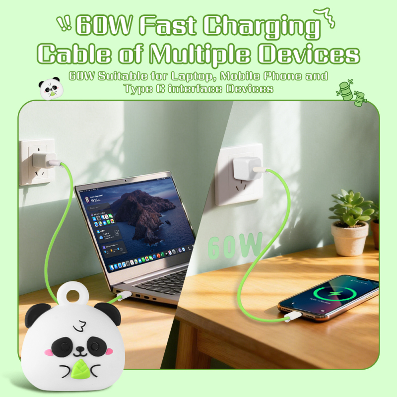 Creative Electronic Accessory 60W Wrist Strap Cable Panda Themed Fast Charging Cord Portable Fashionable Phone Cable for School