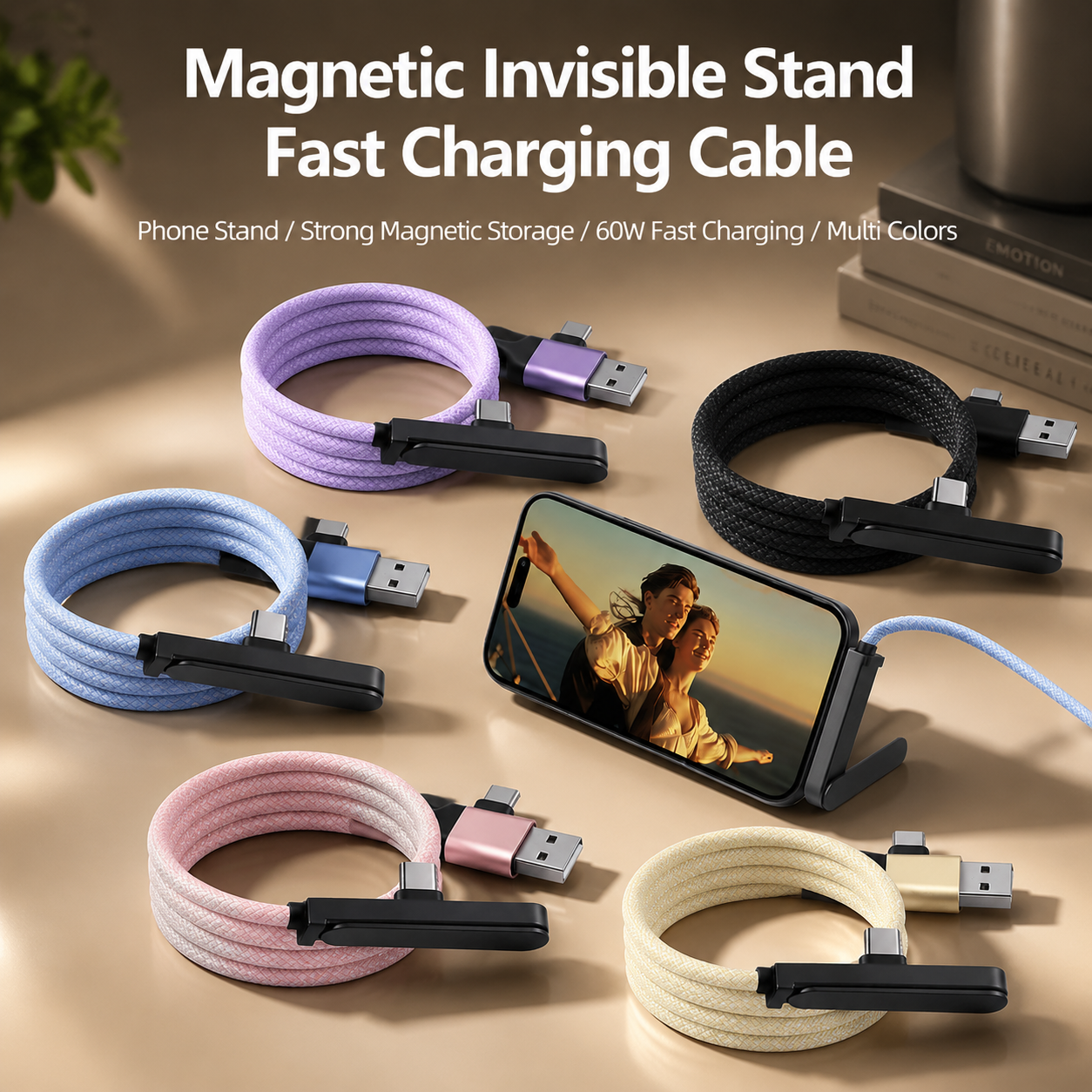 Magnetic 60W Fast Charging Data Cable With Phone Holder for iPhone 18 Huawei Tablet Mobile Gaming 2-in-1 USB-C 60W Fast Charging Cable