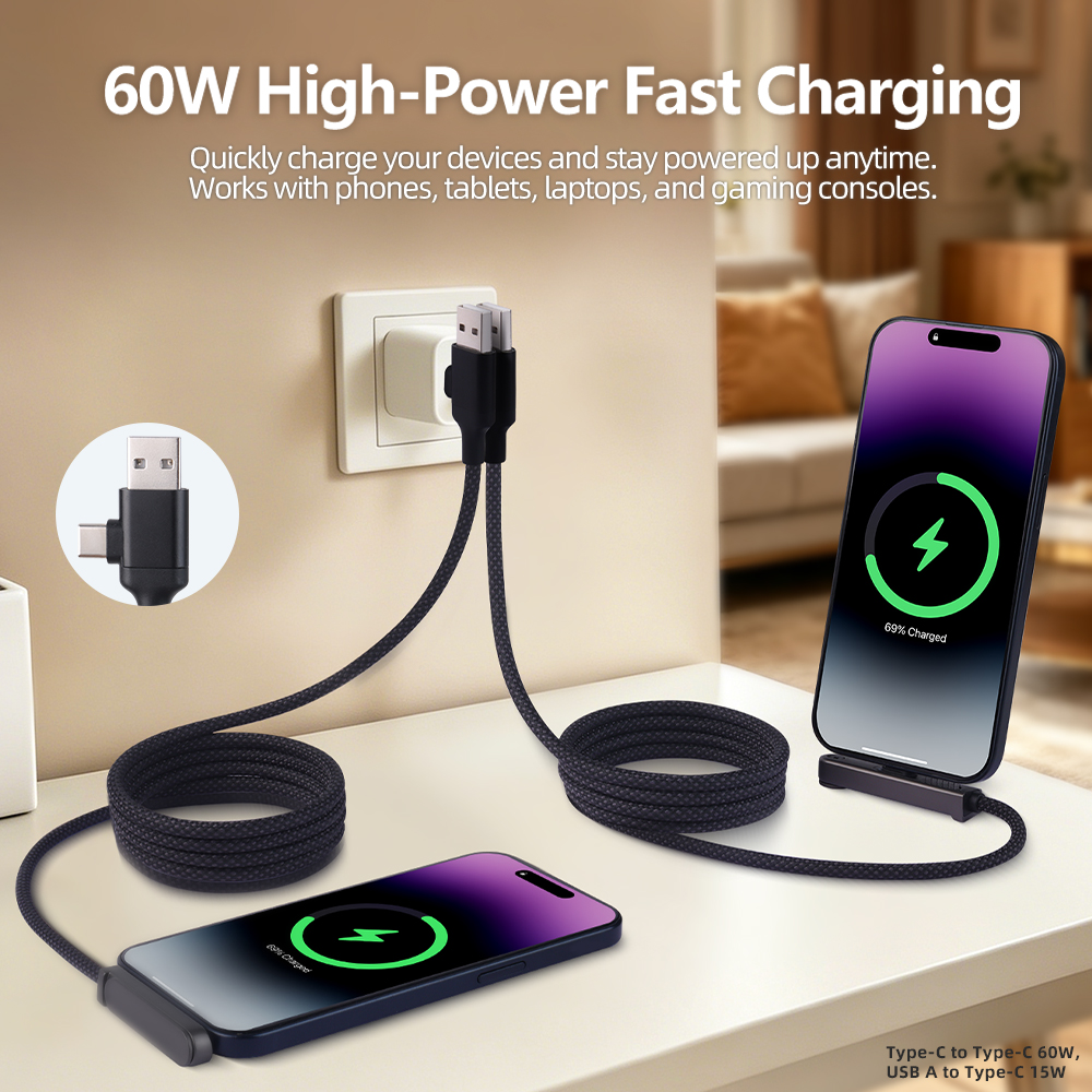 Magnetic 60W Fast Charging Data Cable With Phone Holder for iPhone 18 Huawei Tablet Mobile Gaming 2-in-1 USB-C 60W Fast Charging Cable