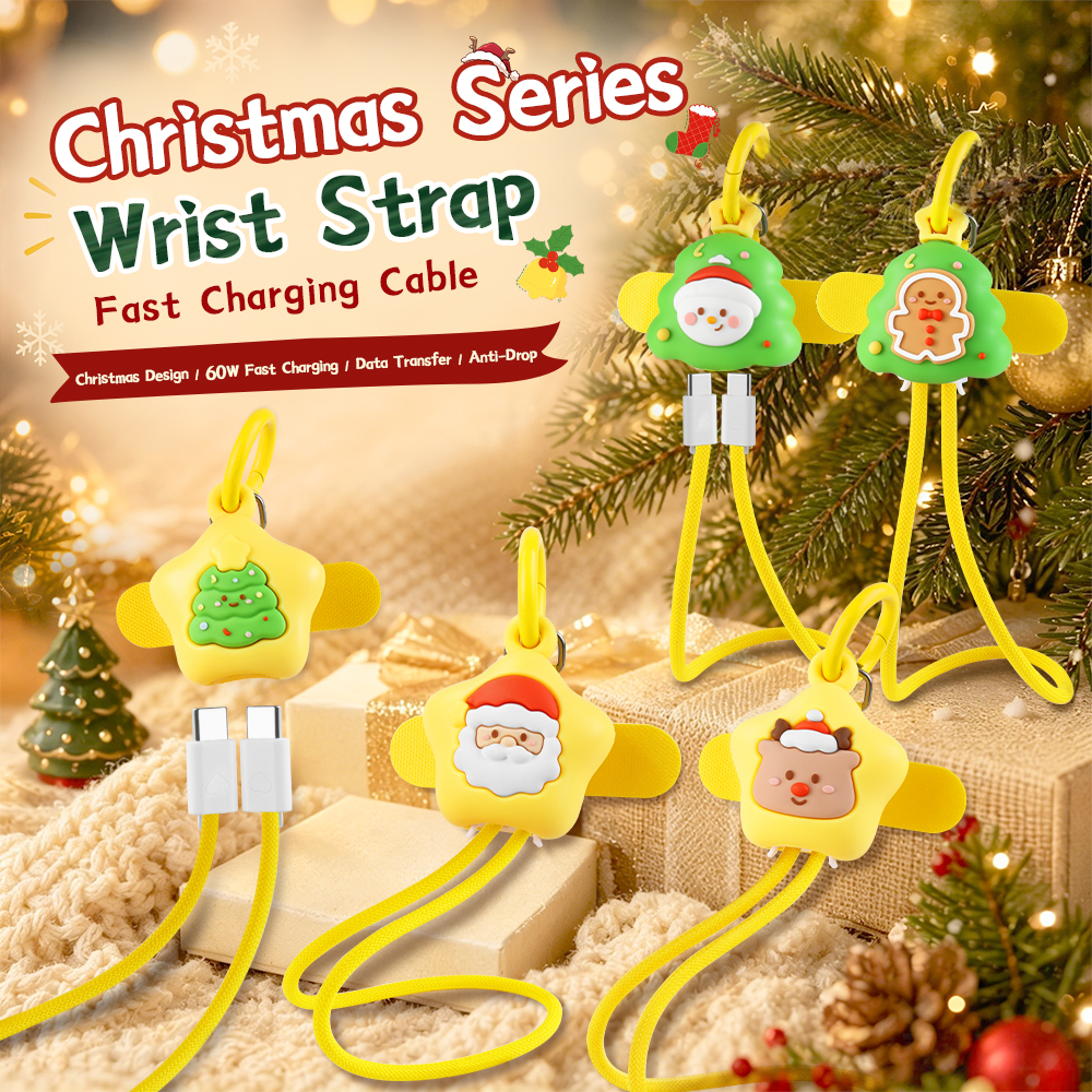 Christmas Gift Wrist Strap 60W Charging Cable USB C to USB C Anti-Drop Tablet Laptop Cute Santa Lanyard Phone Cord