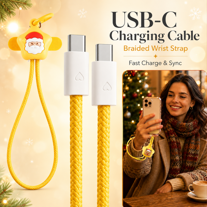 Christmas Gift Wrist Strap 60W Charging Cable USB C to USB C Anti-Drop Tablet Laptop Cute Santa Lanyard Phone Cord