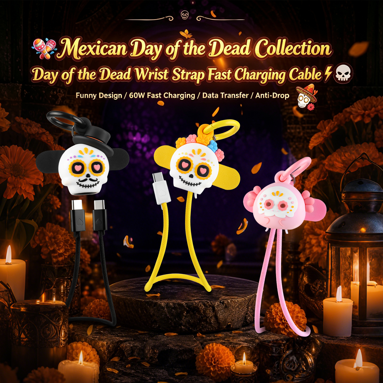 Souvenir Mexico Day of the Dead Gift 60W Fast Charging Cable USB C to USB C Skull Axolotl Wrist Strap Charging Cable for Travel Outdoor