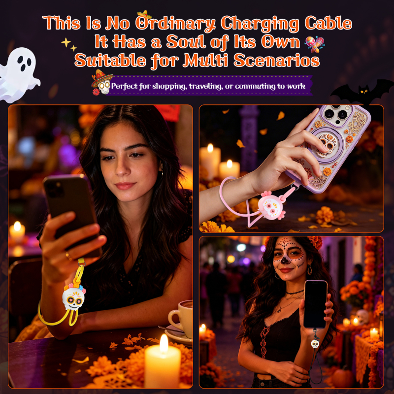 Mexico Day of the Dead Gift Souvenir Wrist Strap 60W Fast Charging Cable Data Transfer Cell Phone Tablet Laptop Universal Catrin Skull 60W Fast Charging Cable