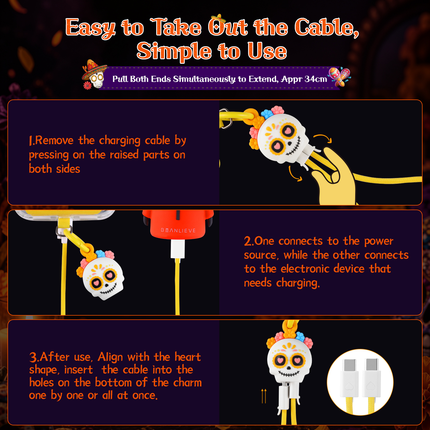 innovation Mexico Day of the Dead Culture Design Wrist Strap 60W Fast Charging Cable Type C to Type C Anti-Drop Phone Tablet Laptop Catrina Skull 60W Fast Charger Cable for Travel Outdoor