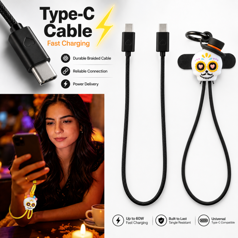 Mexico Day of the Dead Gift Souvenir Wrist Strap 60W Fast Charging Cable Data Transfer Cell Phone Tablet Laptop Universal Catrin Skull 60W Fast Charging Cable