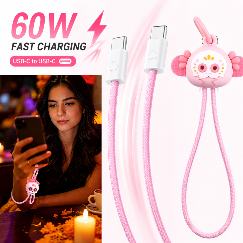 Souvenir Mexico Day of the Dead Gift 60W Fast Charging Cable USB C to USB C Skull Axolotl Wrist Strap Charging Cable for Travel Outdoor
