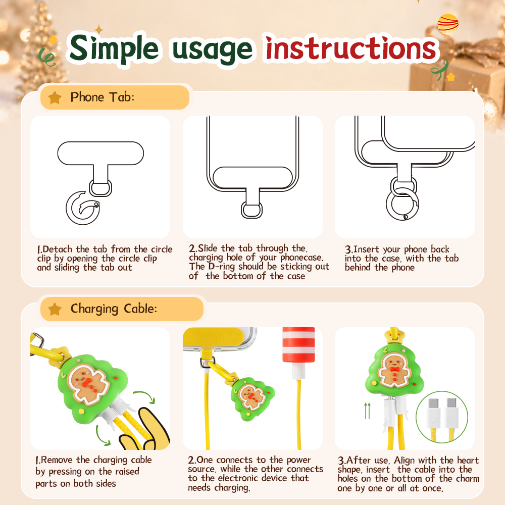 Christmas Stocking Gift Wrist Strap 60W Fast Charger Cable Anti-Drop Wrist Lanyard Cute Christmas Tree 60W Fast Charging Cable for Outdoor Travel