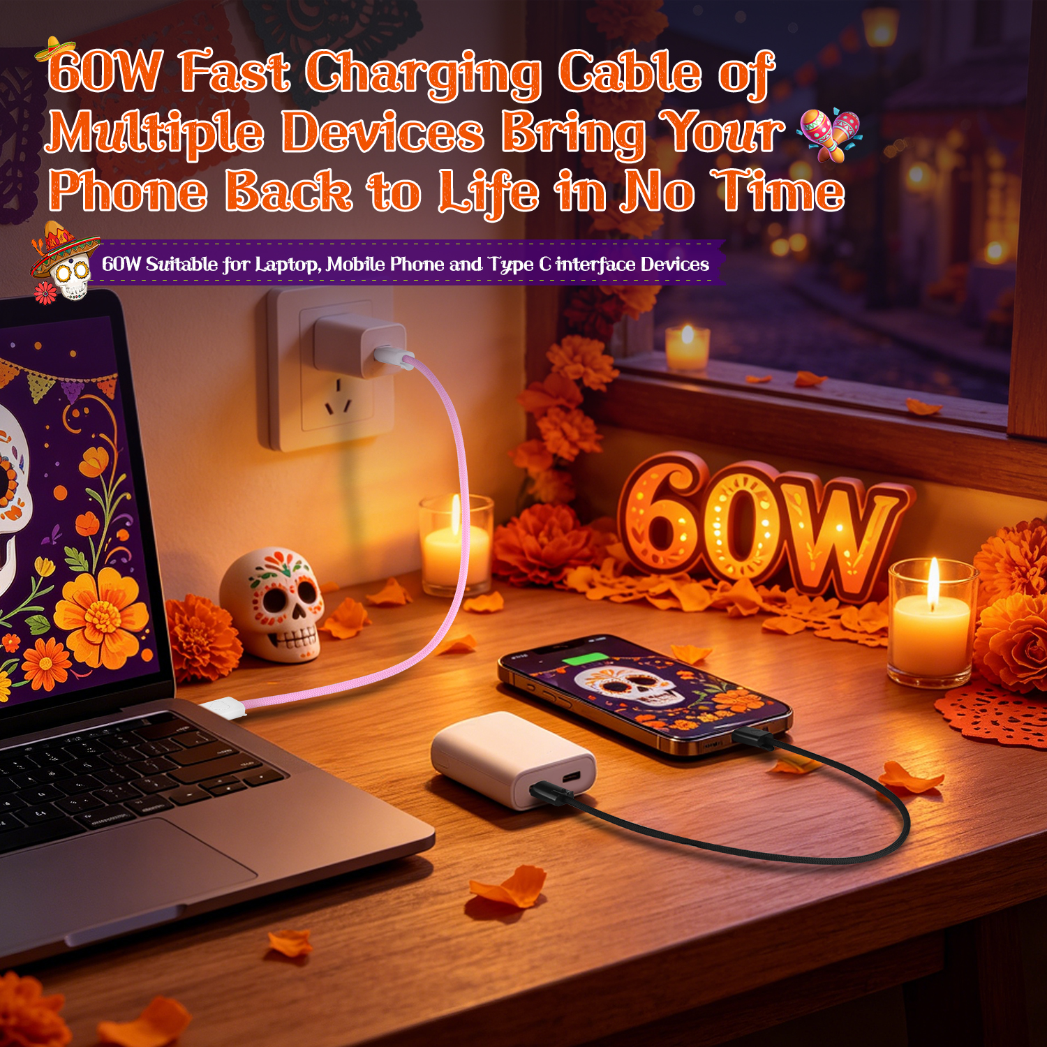 Souvenir Mexico Day of the Dead Gift 60W Fast Charging Cable USB C to USB C Skull Axolotl Wrist Strap Charging Cable for Travel Outdoor