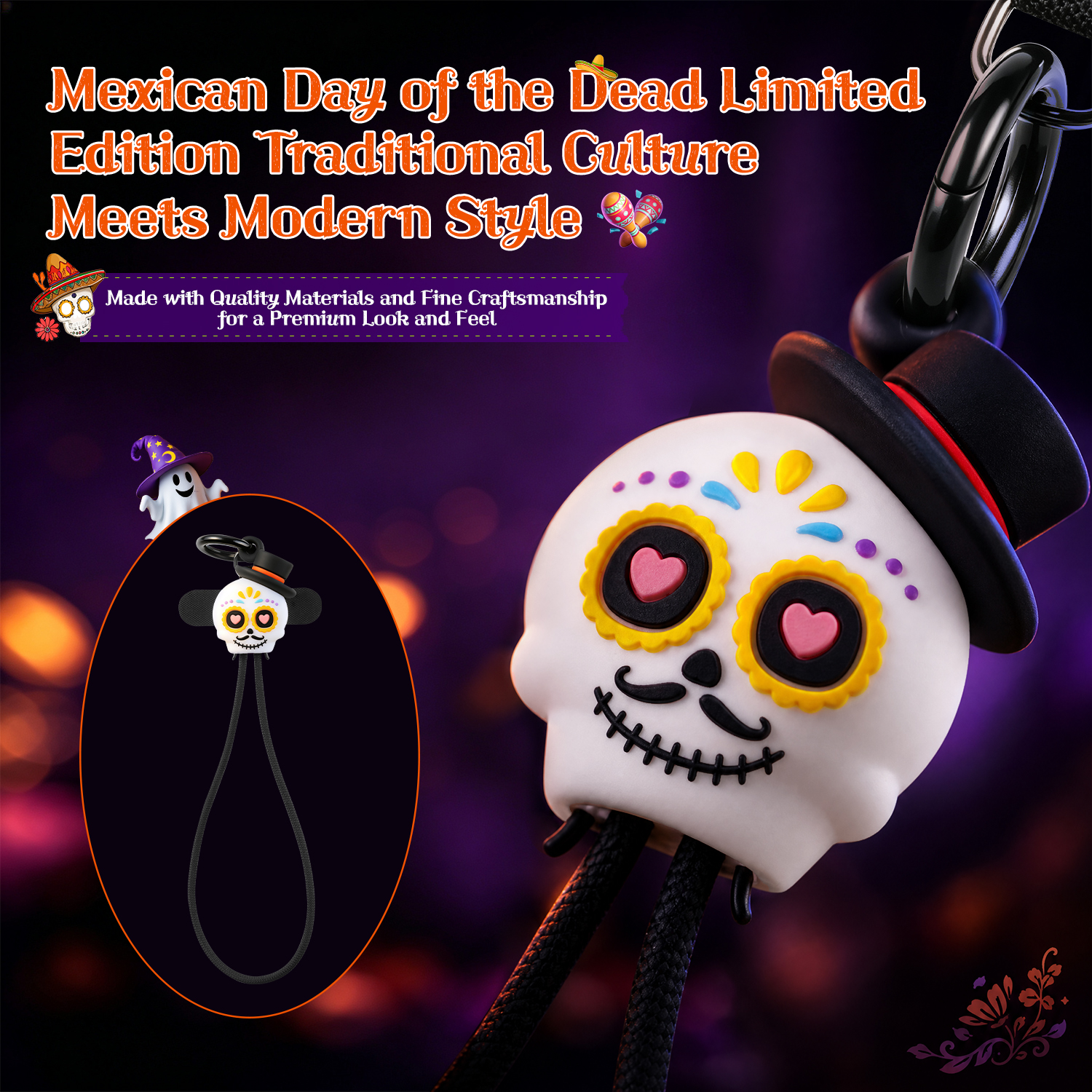 innovation Mexico Day of the Dead Culture Design Wrist Strap 60W Fast Charging Cable Type C to Type C Anti-Drop Phone Tablet Laptop Catrina Skull 60W Fast Charger Cable for Travel Outdoor