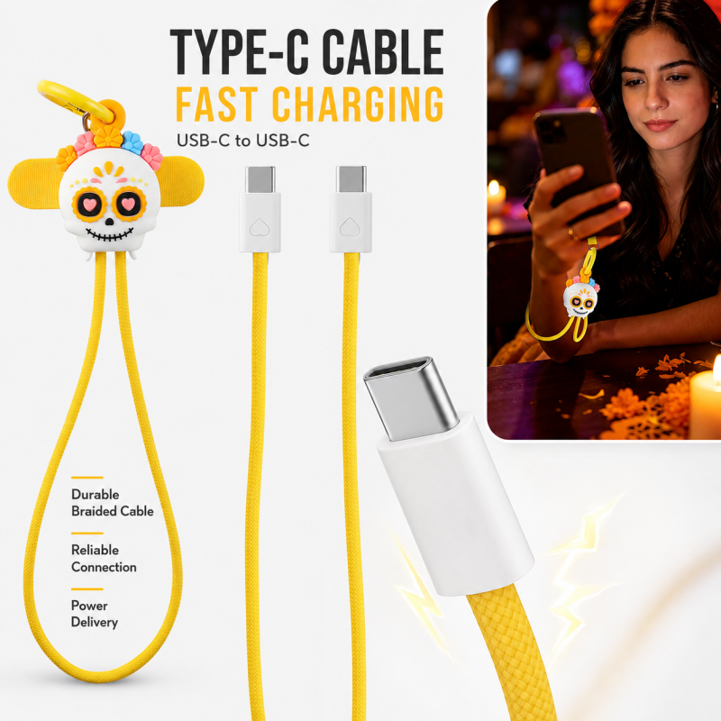 innovation Mexico Day of the Dead Culture Design Wrist Strap 60W Fast Charging Cable Type C to Type C Anti-Drop Phone Tablet Laptop Catrina Skull 60W Fast Charger Cable for Travel Outdoor