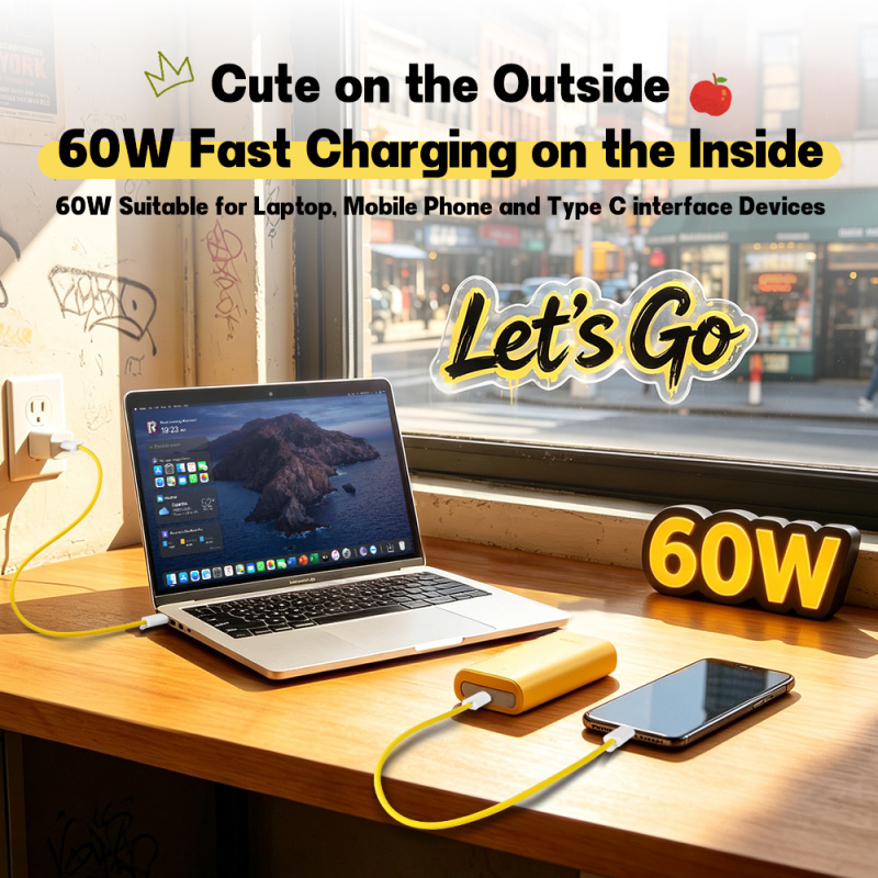 New York Souvenir Design Hot Dog Dachshund 60W Fast Charging Cable Wrist Strap Phone Charm USB C to USB C 34cm Braided Short 60W Fast Charging Cable
